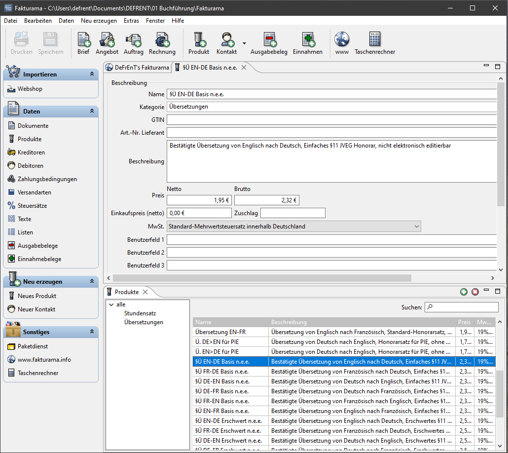 Fakturama 2.1.3 Screenshot (Produkte-Editor)